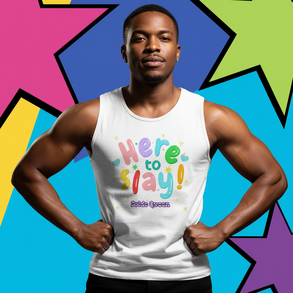 Front view of a person wearing a white muscle tank reading “Here to Slay! Pride Queen”
