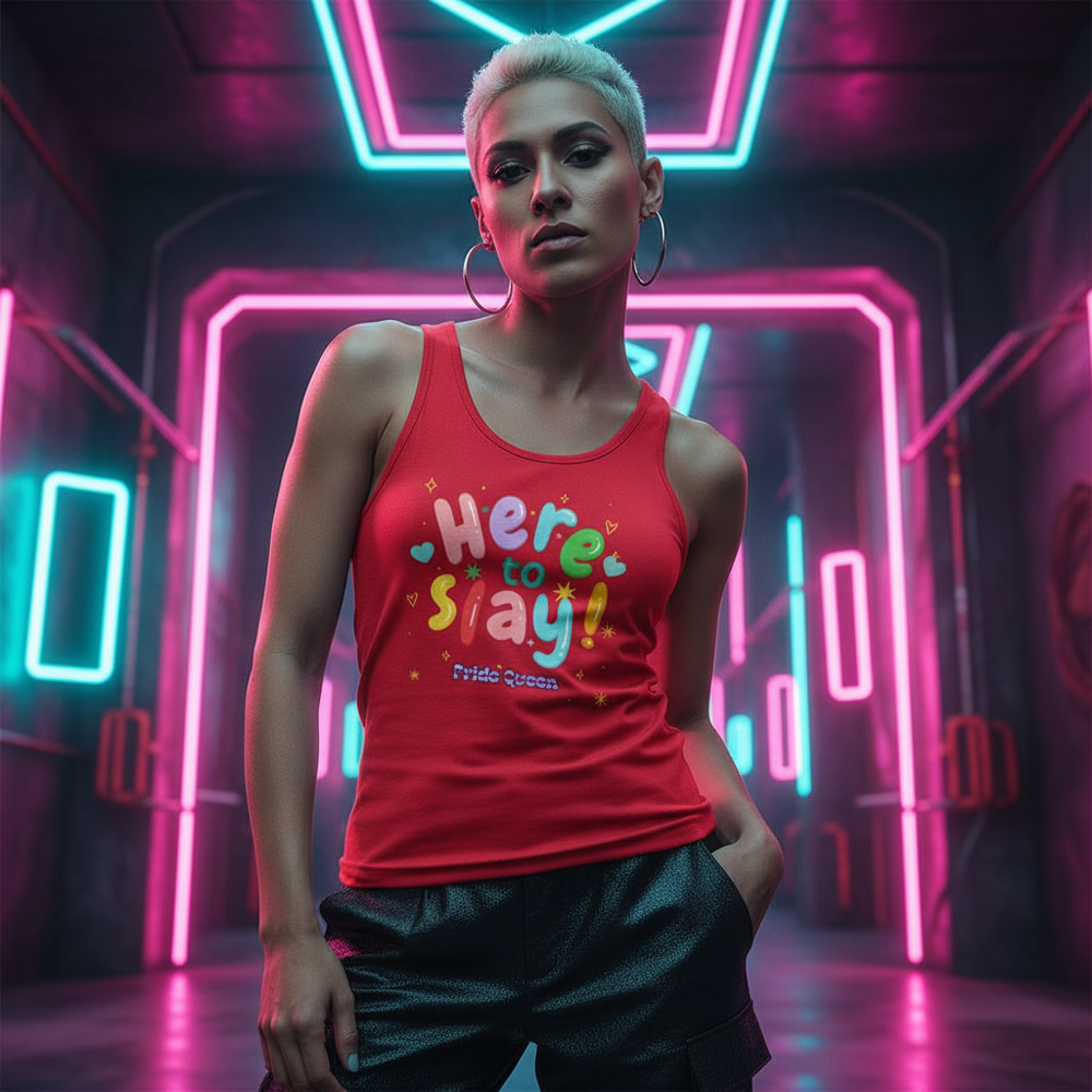 Model wearing a red tank top reading “Here to Slay! Pride Queen” in a neon-lit room