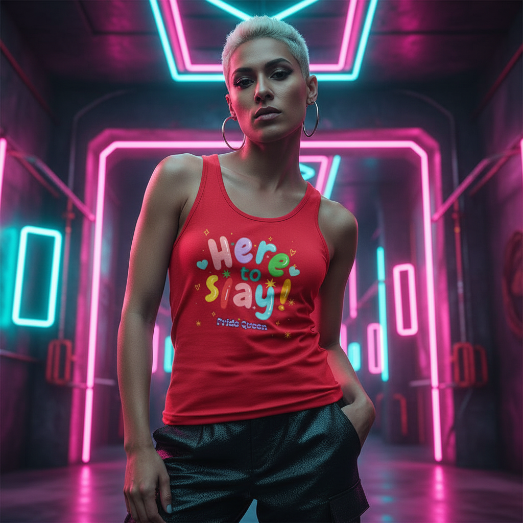 Model wearing a red tank top reading “Here to Slay! Pride Queen” in a neon-lit room