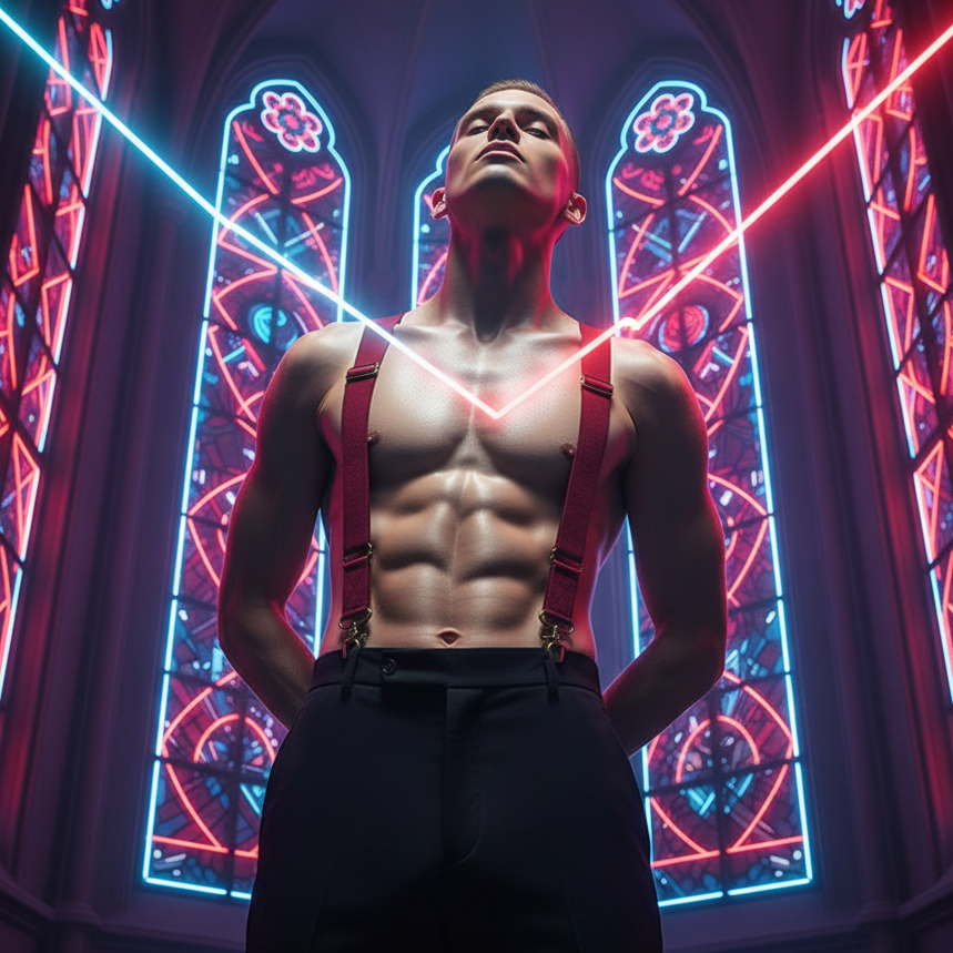 Front view of a shirtless person wearing burgundy suspenders with black trousers in a neon-lit chapel