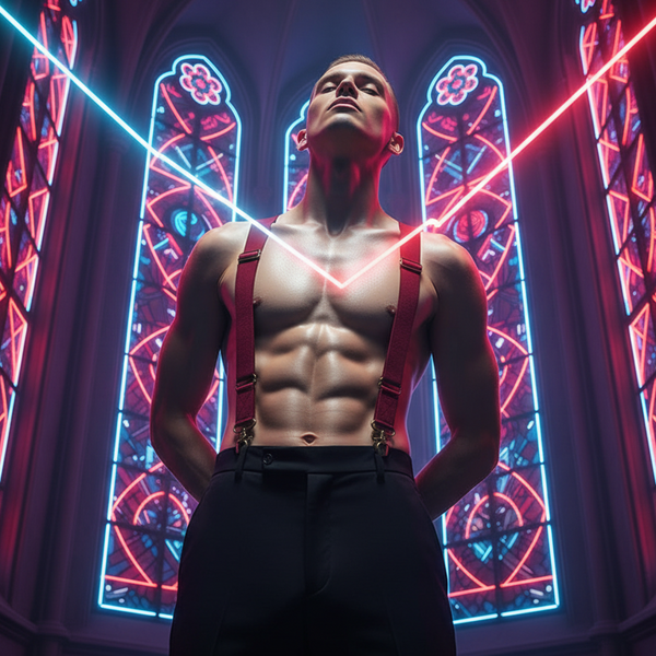 Front view of a shirtless person wearing burgundy suspenders with black trousers in a neon-lit chapel