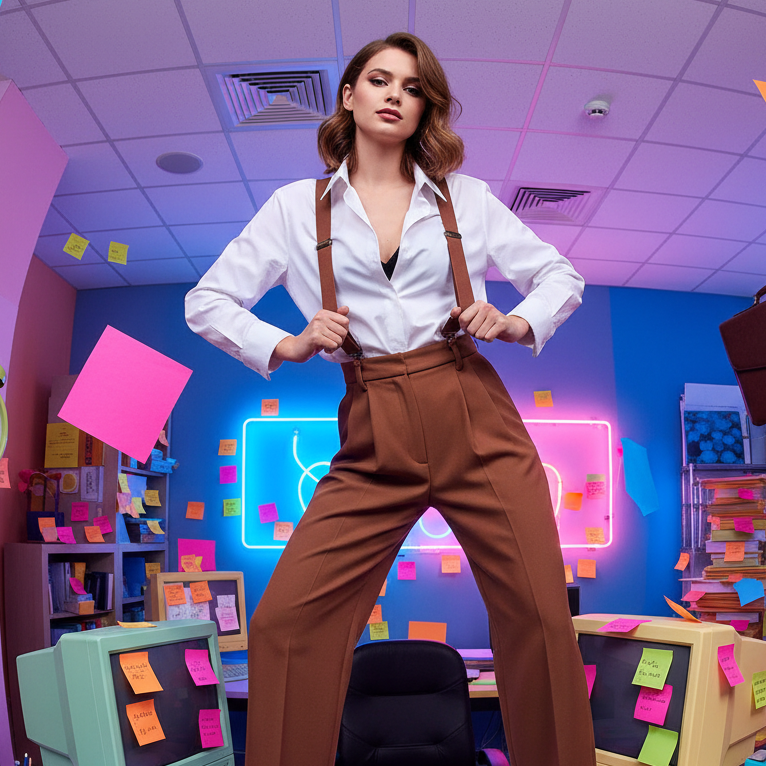 Person in a white shirt and brown trousers wearing brown X-back suspenders