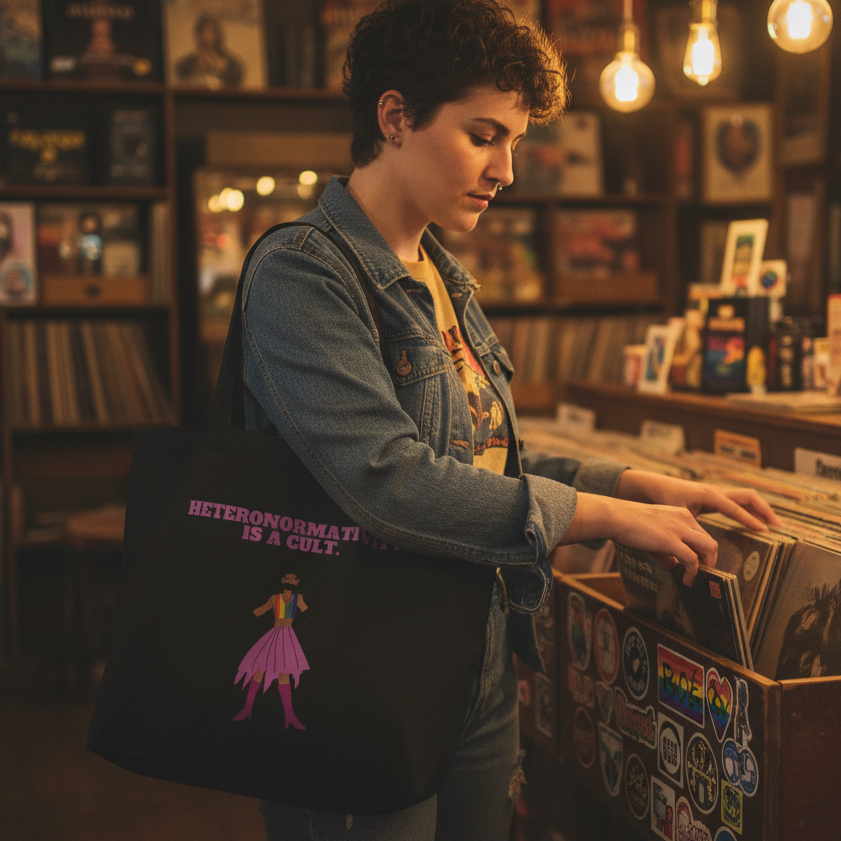 Black tote bag reading “HETERONORMATIVITY IS A CULT.” with a colorful figure, worn while browsing records