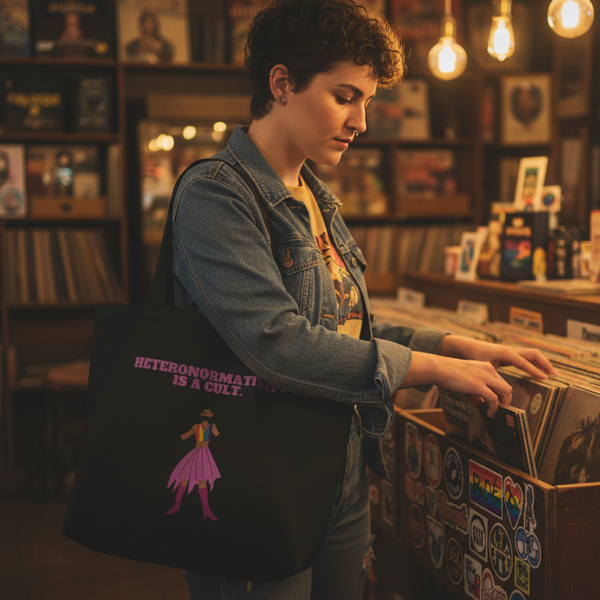 Black tote bag reading “HETERONORMATIVITY IS A CULT.” with a colorful figure, worn while browsing records