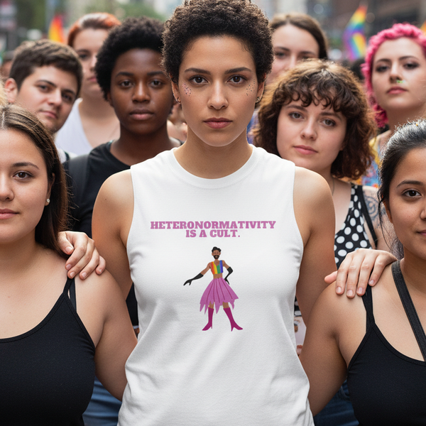 Muscle top with bold “Heteronormativity Is A Cult” text, illustration of figure in purple skirt, pink top