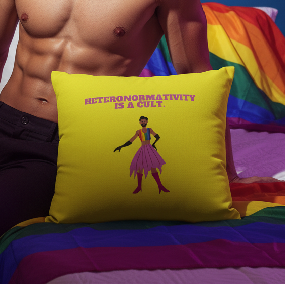 Shirtless person on a bed with a rainbow pride flag, holding a "Heteronormativity Is A Cult" pillow showing a figure in pink