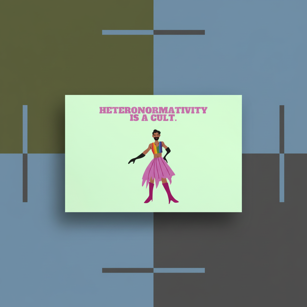 Heteronormativity Is A Cult postcard with a digital art person in pink dress, purple boots, gloves, sunglasses
