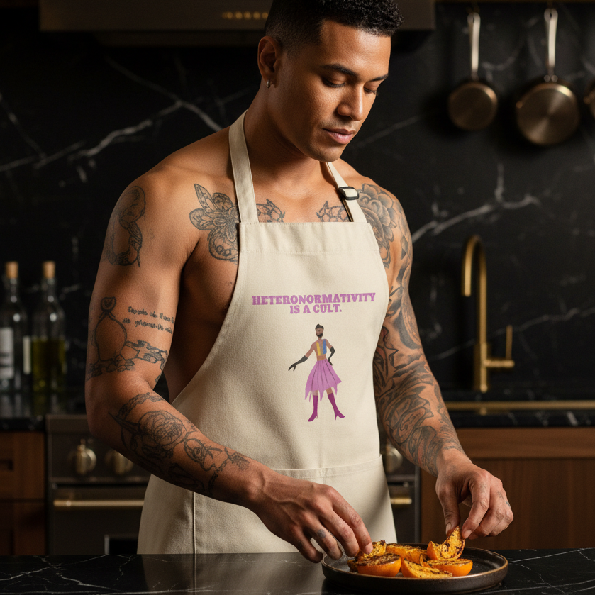 Tattooed person wearing a cream apron reading “HETERONORMATIVITY IS A CULT.” while seasoning orange slices