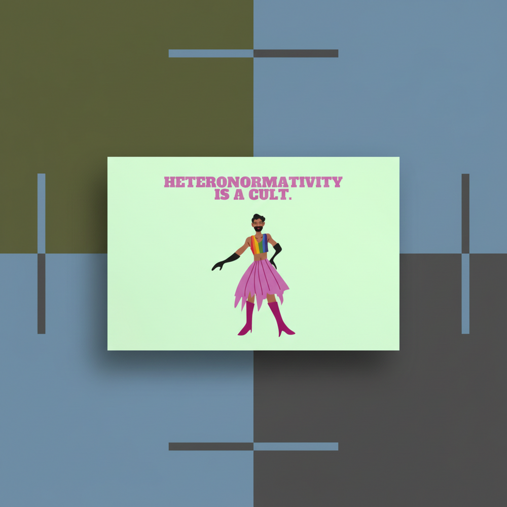 Heteronormativity Is A Cult postcard with a digital art person in pink dress, purple boots, gloves, sunglasses