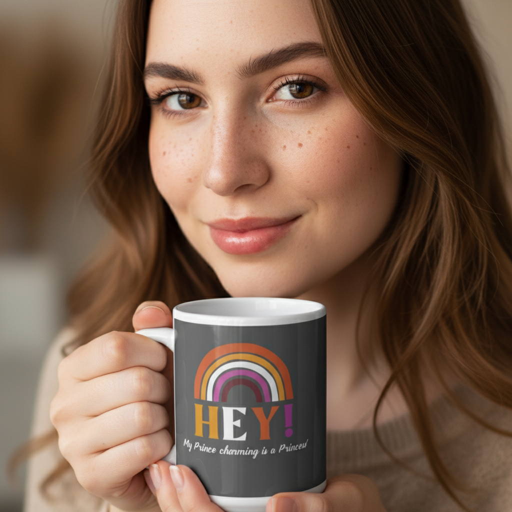 Smiling person holds a dark mug reading “HEY! My Prince Charming is a Princess!”