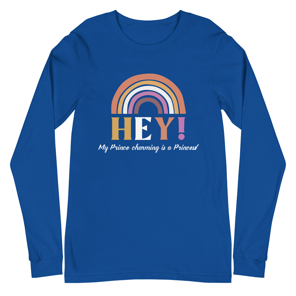 Unisex long sleeve T-shirt with royal blue boho rainbow design and Hey!