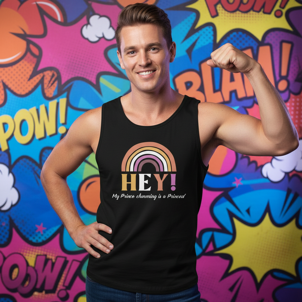 Smiling person flexes in a black tank top reading “HEY! My Prince Charming is a Princess!”