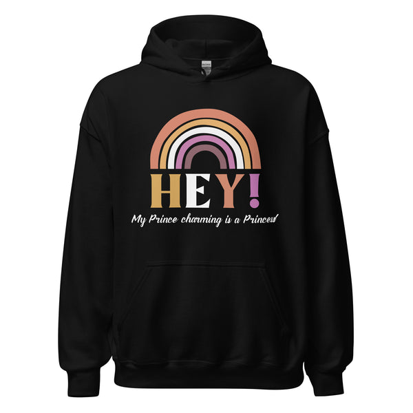 Front view of a black hoodie with a muted rainbow and “HEY! My Prince charming is a Princess”