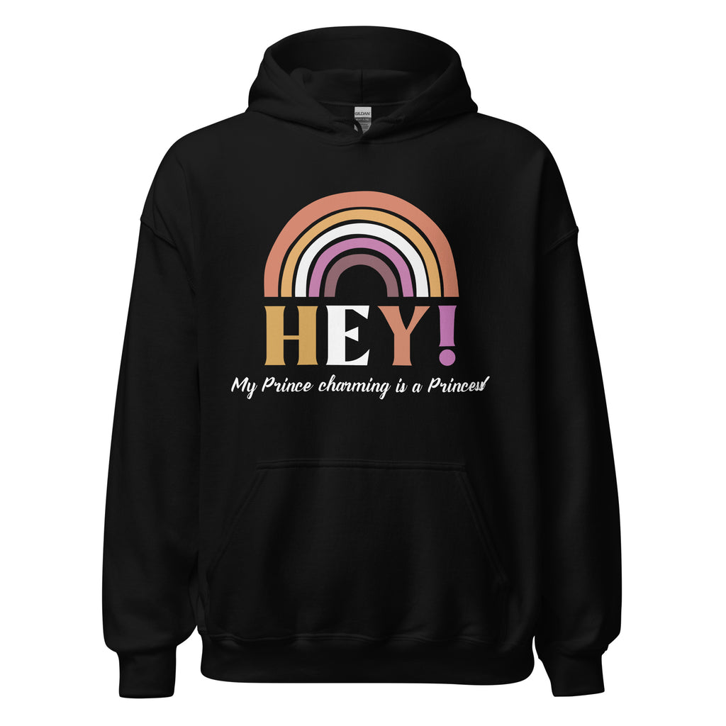 Front view of a black hoodie with a muted rainbow and “HEY! My Prince charming is a Princess”