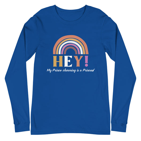 Unisex long sleeve T-shirt with royal blue boho rainbow design and Hey!