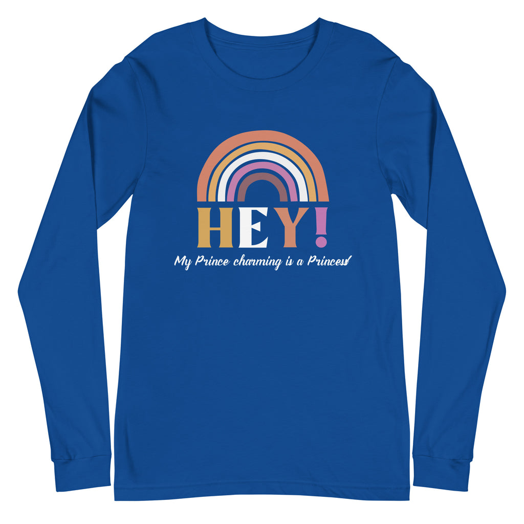 Unisex long sleeve T-shirt with royal blue boho rainbow design and Hey!