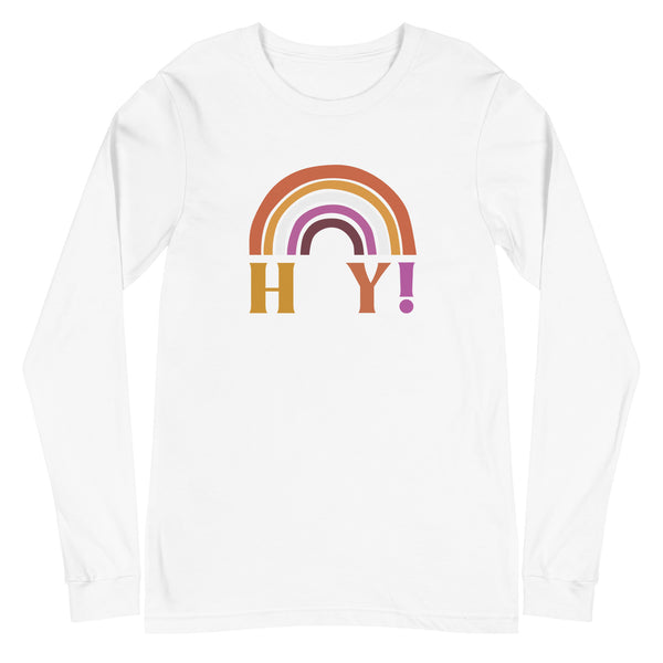 Front view of a white long-sleeve shirt with a multicolor rainbow and “H Y!” graphic