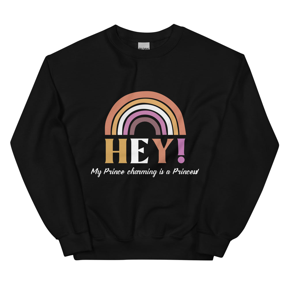 Front view of a black sweatshirt with a rainbow and the text “HEY! My Prince charming is a Princess!”