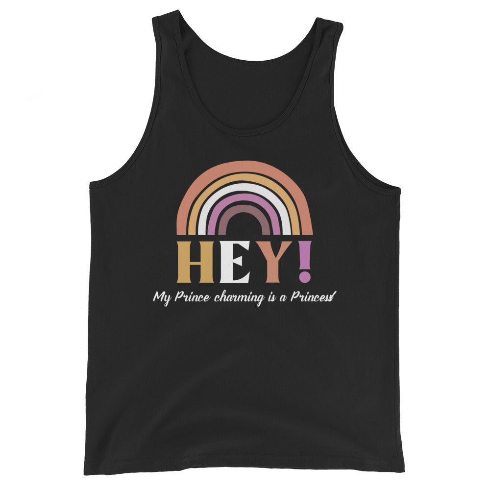 Unisex tank top with a pastel rainbow, bold “HEY!” in white and pink