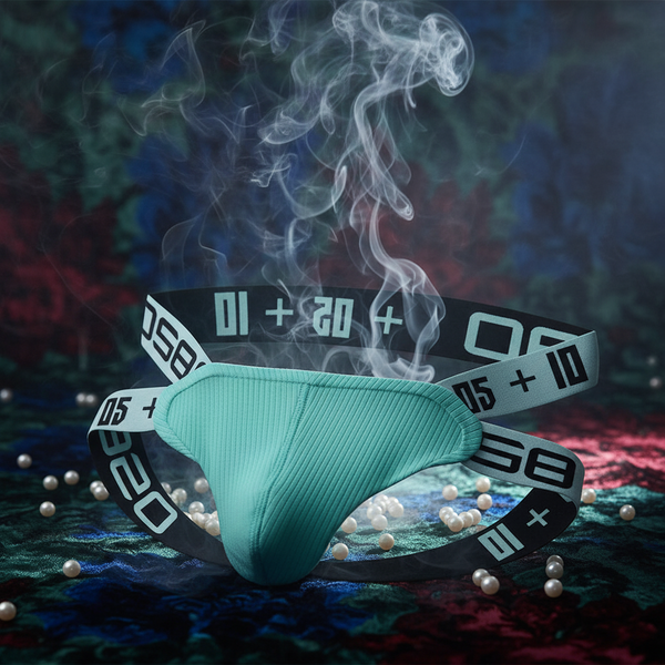 Teal ribbed jockstrap with black-and-teal graphic elastic straps, styled with smoke and pearls