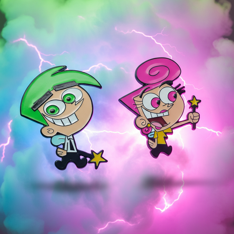 Wanda and Cosmo enamel pins displayed against a colorful lightning background