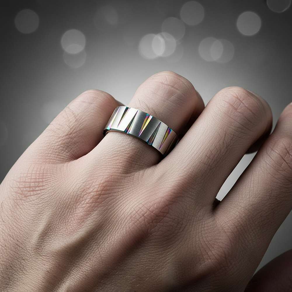 Close-up of a reflective titanium ring with diagonal groove detailing worn on a finger