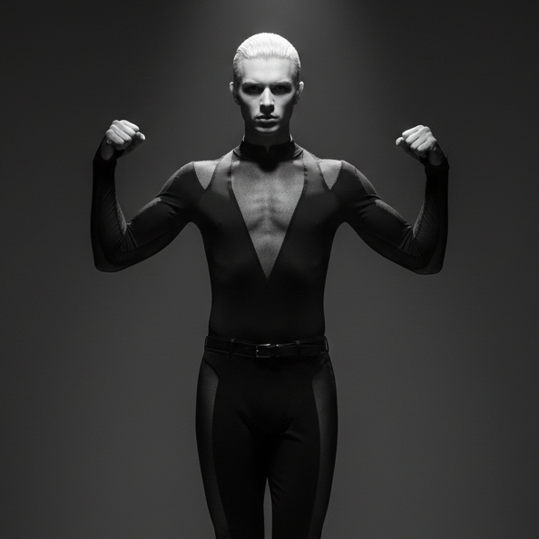 High C*nt Mesh Sheer Bodysuit—black, form-fitting, geometric mesh; queer person with slicked-back hair poses under spotlight.