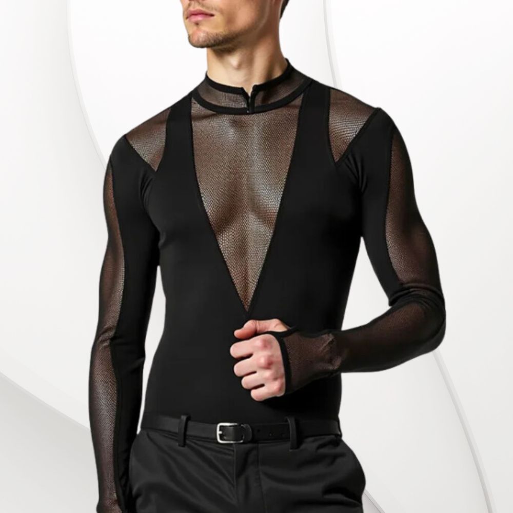 Model wearing a black bodysuit with a deep sheer mesh chest panel and mesh sleeves