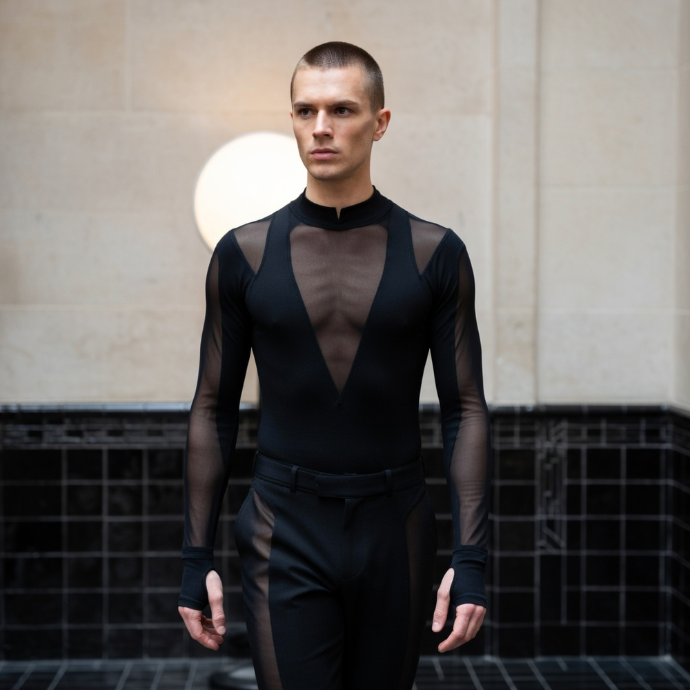 High C*nt Mesh Sheer Bodysuit in Single design, styled on an adult model at an art-house foyer with black ceramic tiles, pale polished stone and a circular white lamp.