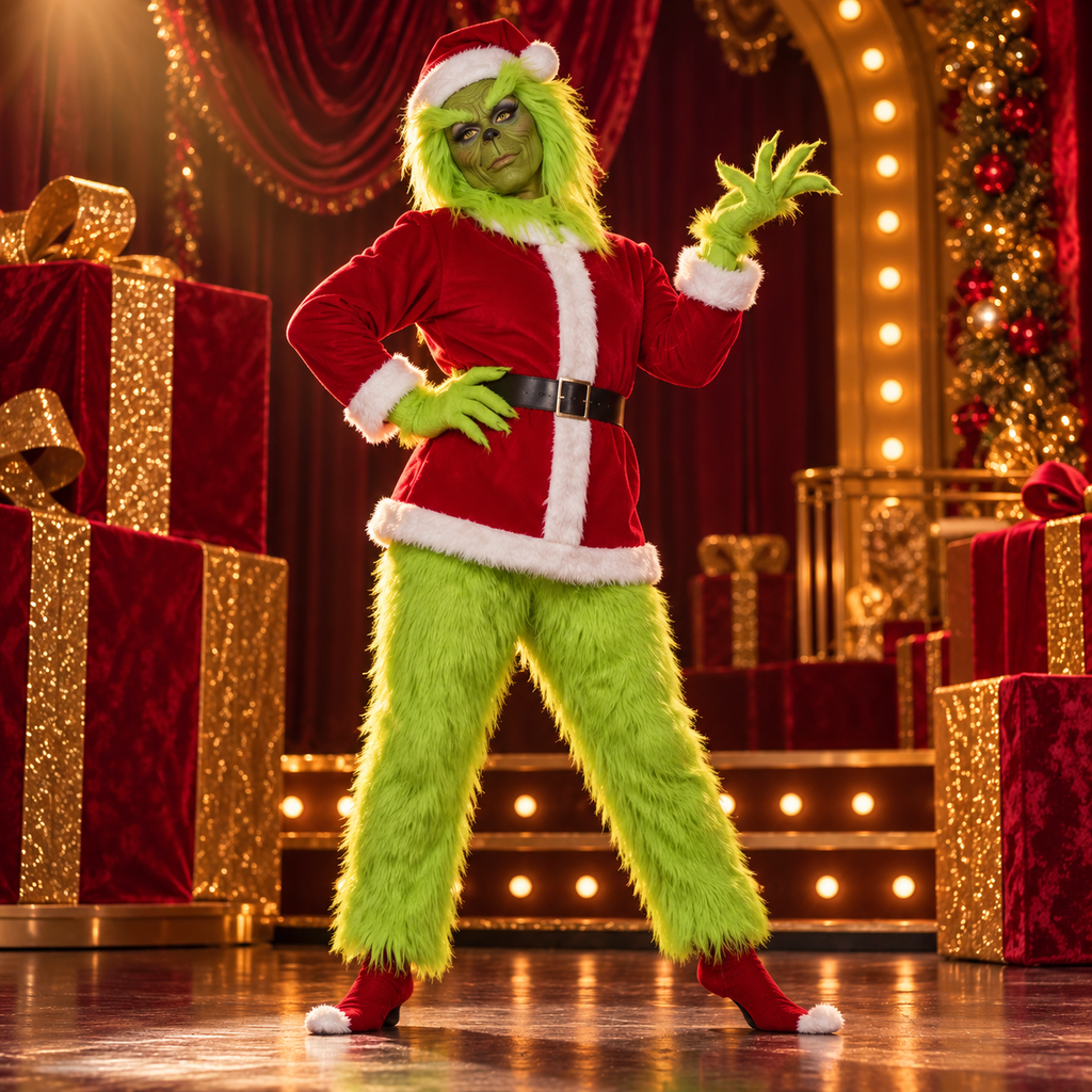Model wearing Grinch Christmas Outfit in a queer costume-party setting.