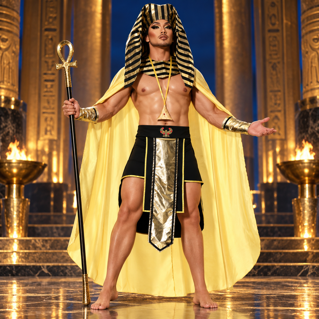 Model wearing Tempting Pharaoh Costume in a queer costume-party setting.