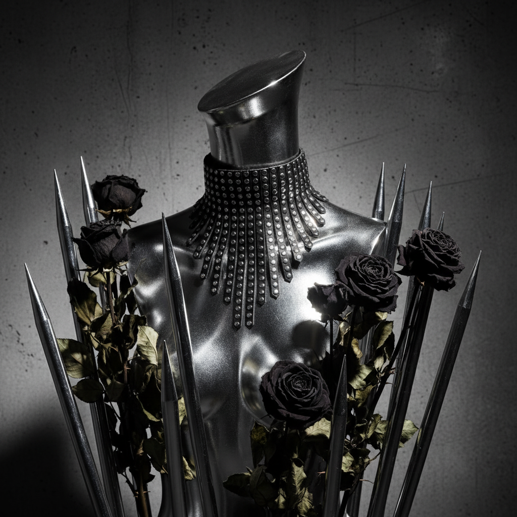 Studded black choker with long dangling rows on a metallic mannequin torso, framed by black roses and spikes