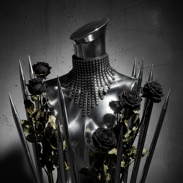 Studded black choker with long dangling rows on a metallic mannequin torso, framed by black roses and spikes