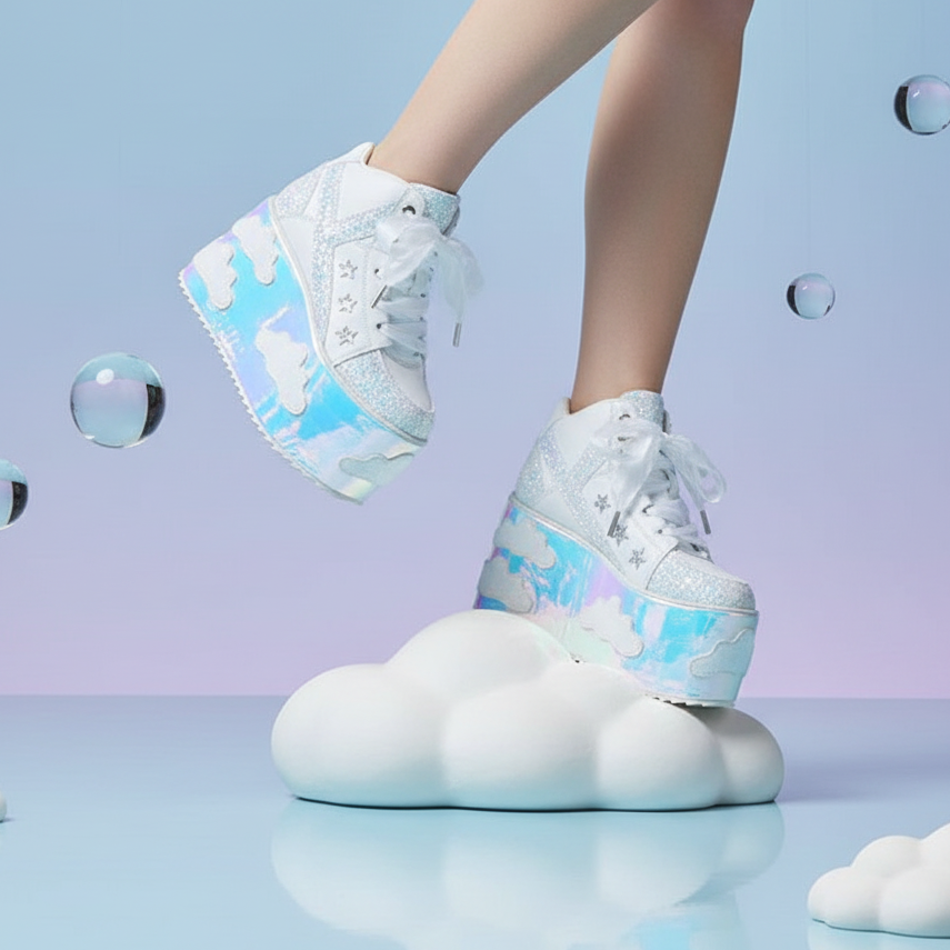 High Platform Cloud Sneakers on visible legs and feet, one foot on a white cloud prop