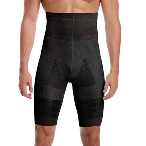 Front view of a shirtless model wearing black high-waist shaping shorts