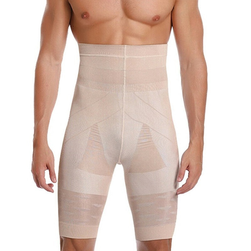 Front-facing shirtless model wearing beige high-waist compression shapewear shorts