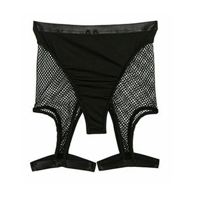 Front-facing black mesh garter shorts with a solid pouch and two hanging straps