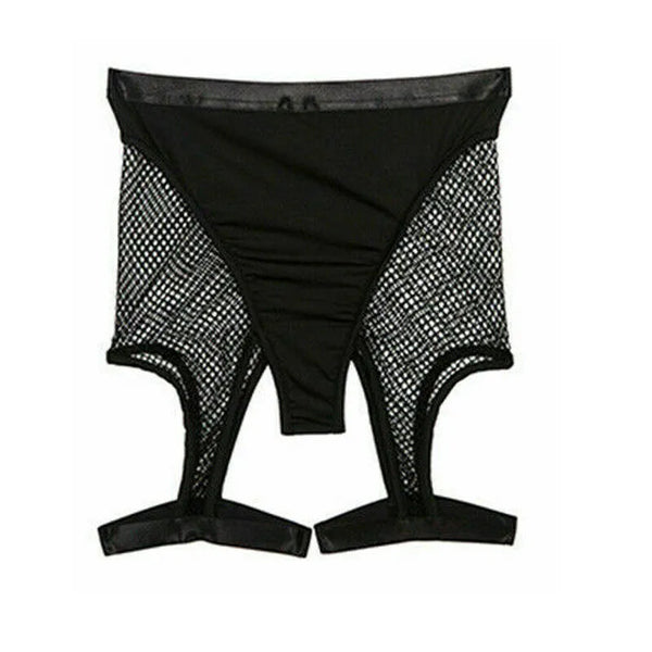 Front-facing black mesh garter shorts with a solid pouch and two hanging straps
