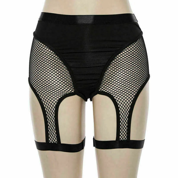 Front view of black high-waisted mesh garter shorts on a mannequin