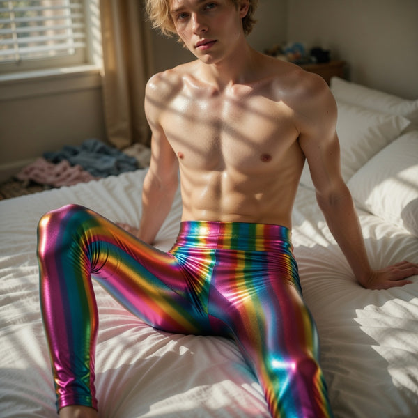 Metallic rainbow leggings worn by a seated model on a sunlit bed