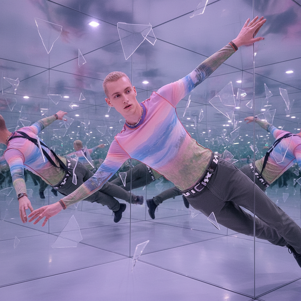 Model in a pastel long-sleeve shirt leans across a mirrored room with suspended shards