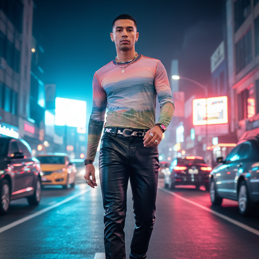 Person walking toward the camera in a pink and blue long-sleeve shirt on a neon-lit city street