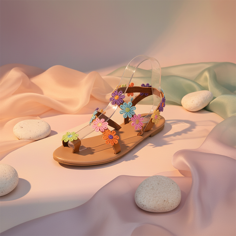 Single tan strappy sandal decorated with colorful embroidered flowers on pastel fabric
