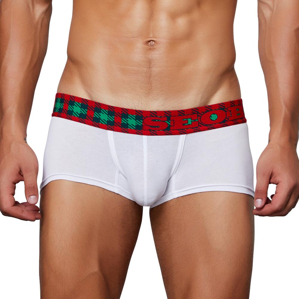 Front view of white boxer briefs with a red-and-green Christmas plaid waistband reading “HO HO HO”