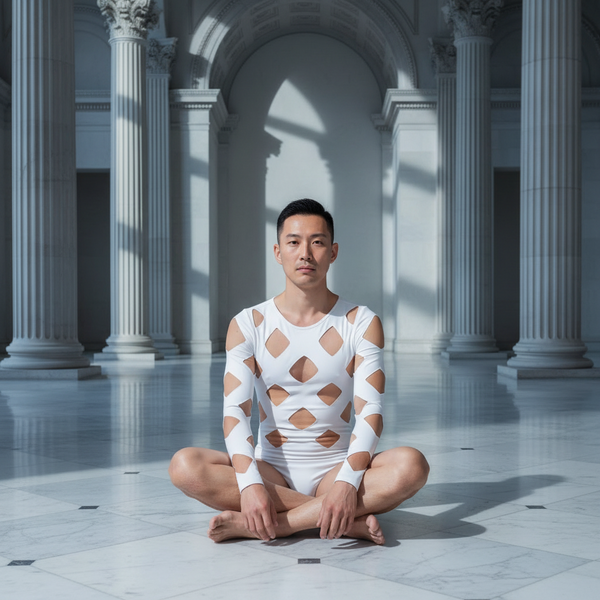 A person with short black hair sits cross-legged on a marble floor