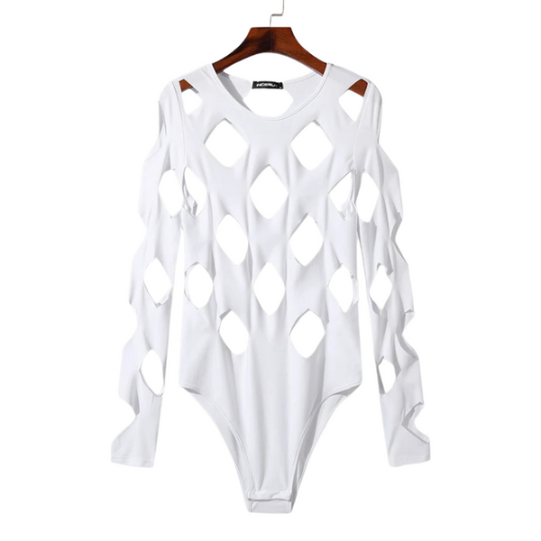Front view of a white long-sleeve bodysuit with numerous diamond-shaped cutouts, on a hanger