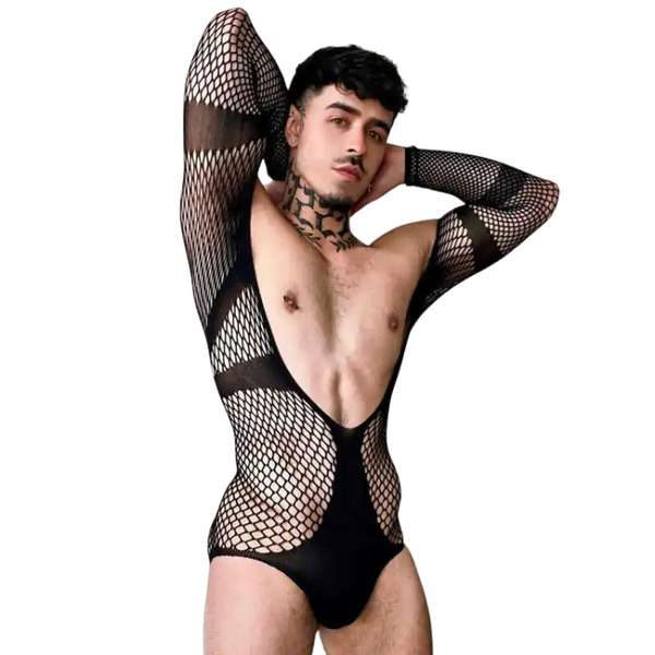 Front-facing model wearing a black fishnet bodysuit with long sleeves and an open chest