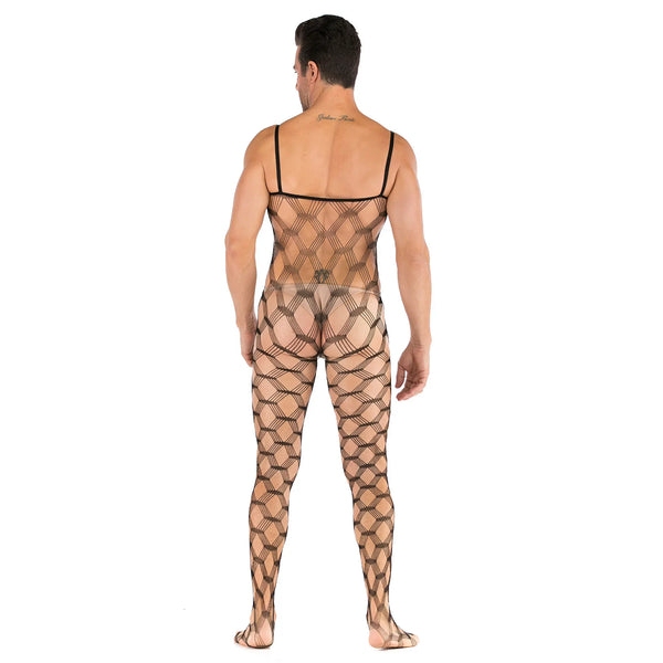 Back view of a person wearing sheer black diamond-pattern fishnet pantyhose with a camisole top