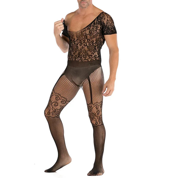 Front-facing model wearing a sheer black lace bodystocking with fishnet legs