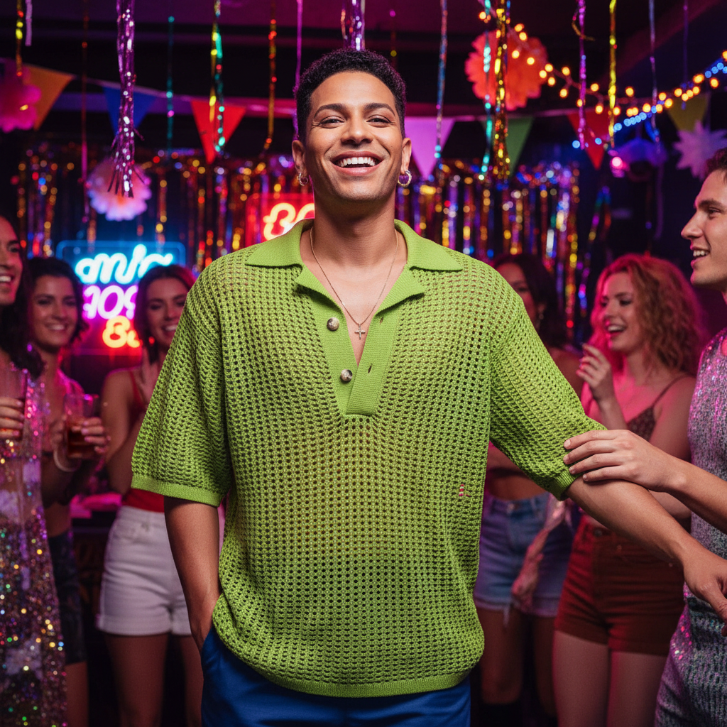 Smiling person wearing a lime-green open-knit polo sweater at a colorful neon-lit party
